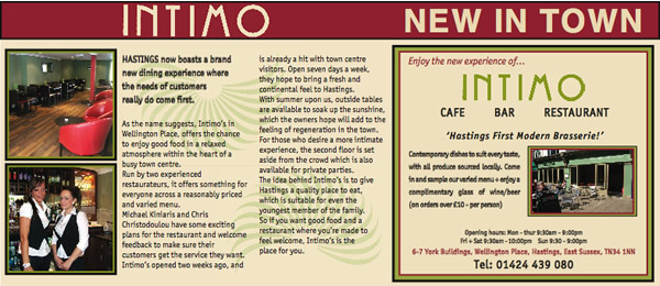 Advert and editorial for Intimo, a new cafe in Hastings, South East.
