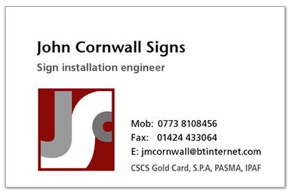 Business card for John Cornwall Signs