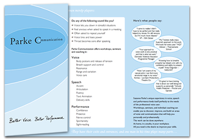Leaflet design for a voice coach, London, UK