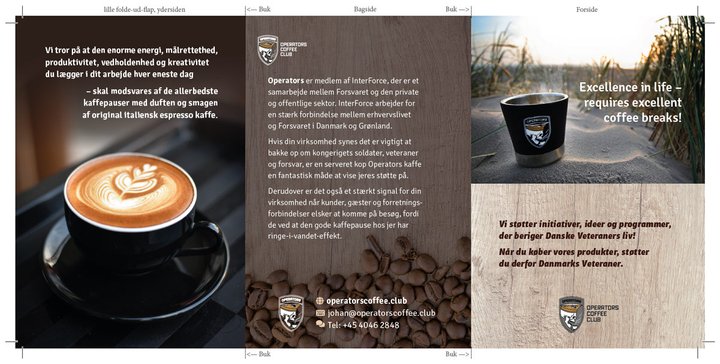 Foldet brochure for Operators Coffee Club. Inderflap, bagside og forsi