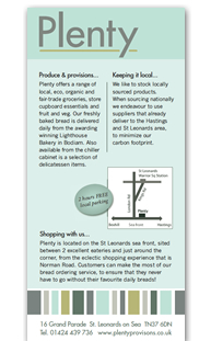 Promotional flyer for Plenty, provision store on the sea front of Hastings, Uk