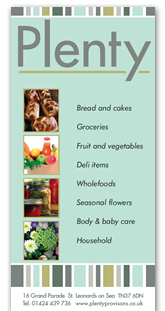 Flyer for Plenty, a provision store in St Leonards on Sea, Uk